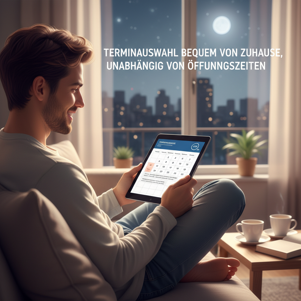 Ein junger Mann sitzt abends gemütlich auf einem Sofa und bedient ein Tablet, während im Hintergrund das nächtliche Stadtpanorama zu sehen ist.